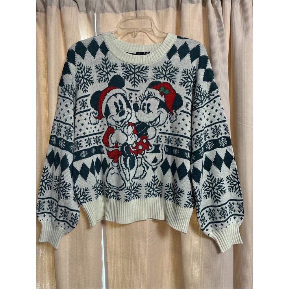 Disney Cream Black Red Mickey & Minnie Holiday Crewneck Sweater